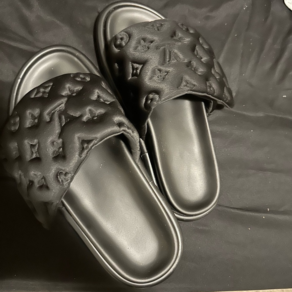 Black Louis Vuitton Embossed Slide Sandals
